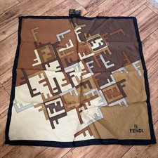Fendi Zucca FF Monogram Silk Scarf, Gold and Brown with Satin Border, listing 2