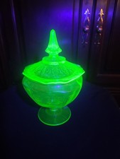 Green Uranium Depression Glass Covered Candy Dish with Pointed Finial, Princess Pattern, 9" Tall — listing 2