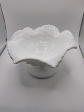 Vintage White Milk Glass Footed Compote with Embossed Grape and Leaf Pattern