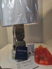 Distressed Cream Carved Table Lamp with Burlap Drum Shade — listing 3