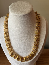 Vintage 1980s Gold-Tone Chain Collar Necklace with Black Enamel Shield Pendant