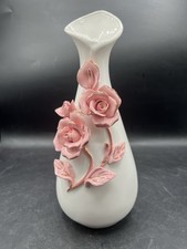 Handmade White Porcelain Round Vase with Sculptural Applied Flowers, Artist-Signed — listing 3