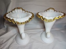 Fenton Custard Uranium Glass Cornucopia Candlestick Holder with Silver Crest Ruffled Rim, 5 inches — listing 2