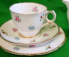 Royal Stafford Bone China Tea Service for 6 - Green & Gilt Foliate Border, Octagonal Plates — listing 2