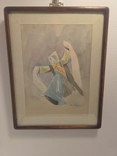Original Signed Watercolor Painting of Kneeling Women in Church, Signed 'J. Flores' — listing 4
