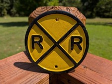 Vintage Round Railroad Crossing (RXR) Highway Warning Sign, Yellow & Black Steel — listing 3
