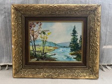 Vintage Original Oil Painting Landscape with River and Trees in Ornate Gilt Frame — listing 3