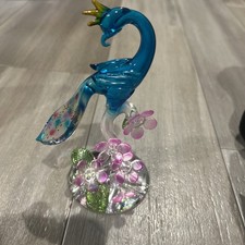 Art Glass Peacock Figurine / Sculpture with Fanned Tail Feathers