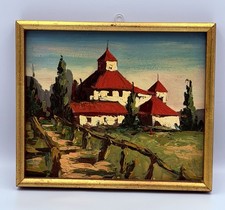 Large Framed Oil Painting of Victorian Village Scene with Cottages and Autumn Trees — listing 6