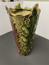 Vintage Majolica-Style Green Glazed Pottery Vase with Floral Relief — listing 3