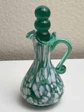 Vintage Emerald Green Glass Cruet with Applied Handle and Faceted Clear Stopper