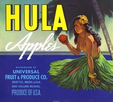 Vintage 'Hula' Brand Apple Crate Label, Universal Fruit & Produce Co., Seattle - Framed — listing 2