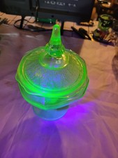Green Uranium Depression Glass Covered Candy Dish with Pointed Finial, Princess Pattern, 9" Tall — listing 4