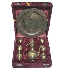 Vintage Brass Engraved Miniature Coffee/Tea Set with Tray, Coffeepot, Sugar Bowl and 4 Goblets