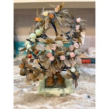 Chinese Jade & Hardstone Flowering Bonsai Tree in Celadon Carved Planter, listing 3