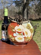 Antique Bronze-Mounted Ceramic Urn with Enameled Birds & Flowers Decoration, Twin Handles