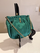 Vintage Emerald Green Satin Evening Bag with Gold Chain & Inner Coin Purse — listing 3