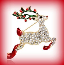 Vintage Gold-Tone Leaping Reindeer Christmas Brooch with Red Enamel Saddle — listing 5