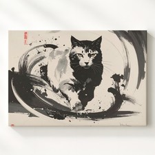 Framed Sumi-e Style Ink Print of a Curled Sleeping Siamese Cat with Red Seal — listing 3