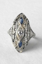Art Deco Filigree Cocktail Ring with Old European Cut Diamonds and Sapphire Accents — listing 2