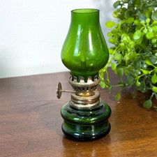 Antique Green Depression Glass Kerosene Oil Lamp with Clear Chimney