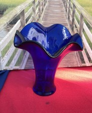 Cobalt Blue Hand-Blown Art Glass Oval Bowl with Rolled Rim — listing 4