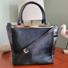 Two-Tone Cream & Black Leather Frame Kiss-Lock Satchel Handbag — listing 6
