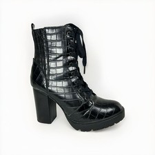 Steve Madden lace-up booties Black Croc-Embossed Patent Lace-Up Block Heel Ankle Booties — listing 2