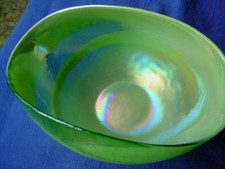 Vintage Green Iridescent Textured Art Glass Vase with Ruffled Rim
