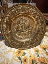 Set of 3 Vintage Embossed Brass Galleon Ship Wall Plates 11.5" Made in England — listing 2