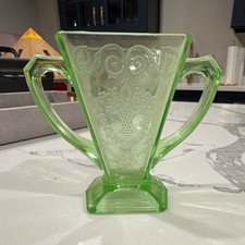 Green Uranium Depression Glass Two-Handled Covered Sugar Bowl with Ribbed Panel Design — listing 2