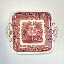 Red Transferware Square Salad Plate, Swiss Chalet Alpine Scene Pattern Clarice Cliff Tonquin — listing 4