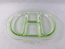 Vaseline Uranium Glass Divided Relish Tray in Pierced Metal Footed Holder, 7.5 inch — listing 2