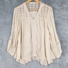 Women's Beige Cotton Linen Lace-Up Tank Top Sleeveless Boho Peasant Shirt, Size L — listing 4