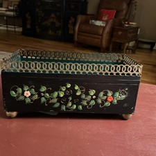 Hand-Painted Tole Metal Planter with Rose Motif and Scrolled Leaf Handles, Artist Signed — listing 6