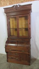 Antique Edwardian Inlaid Mahogany Cylinder Roll-Top Writing Desk with Glazed Bookcase Top — listing 4