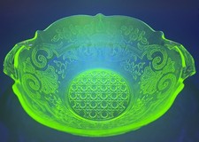 Vintage Uranium Green Depression Glass Twin-Handled Bowl, Paneled Form, 4.5 inches — listing 5