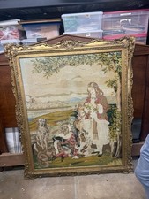 Antique Miniature Framed Tapestry, Children on Garden Bench Scene, 9.75x9.75 inches