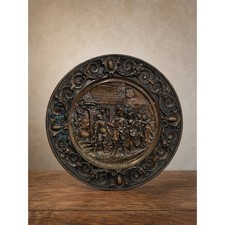 Vintage Brass Repoussé Wall Charger with Black Metal Rim - Flemish Tavern Scene