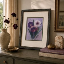 Framed Original Watercolor Still Life of Iris Flowers in Terracotta Pot, Signed