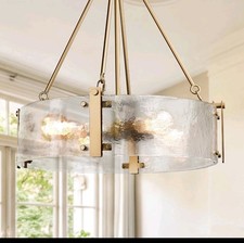 Drum Pendant Chandelier with Textured Glass Panels and Brushed Nickel Frame