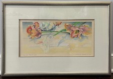 Framed Floral Still Life Watercolor of Parrot Tulips