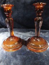Pair of Amber Glass Candlesticks with Encrusted Gold Gilt Bands — listing 4