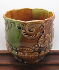 Vintage Olive-Yellow Glazed Stoneware Ceramic Planter / Jardinière, 14.5" Wide x 10" High — listing 4