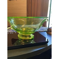 Vintage Uranium Glass Rolled-Edge Console Bowl with Gold Floral Encrusted Band, 15" Diameter — listing 4