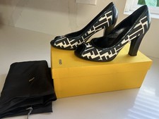 Fendi Black Suede & Gold Leather Peep-Toe Slingback Platform Heels, Size 7 — listing 6