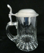 Vintage German Cut Crystal Glass Beer Stein with Pewter Lid and Acorn Finial