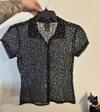 sequin blouse Black Sequin Long Sleeve Button-Down Shirt — listing 3