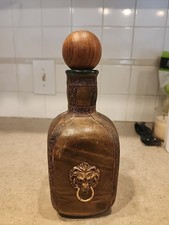 Vintage Italian Hand-Tooled Leather-Wrapped Glass Decanter with Fleur-de-Lis Studded Appliqué