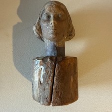 Pair of Hand-Carved Folk Art Wooden Figures — Peasant Woman and Man on Log Bases Only the carved initials shown — listing 2